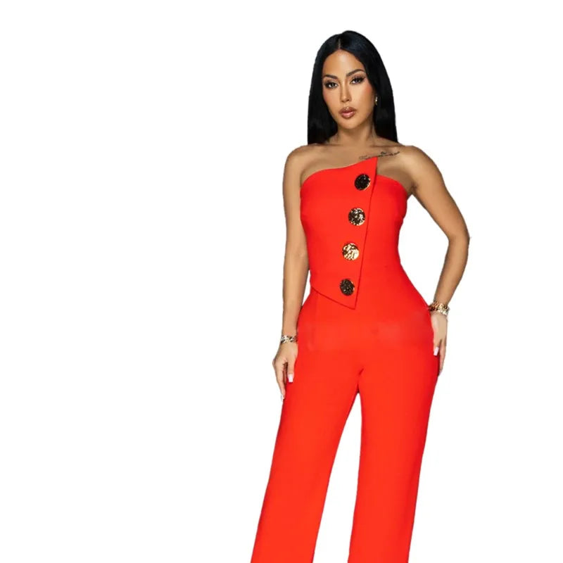 Sexy Backless Strapless Jumpsuit Summer Women Fashion Solid Button Sleeveless Slim Fit Wrap Hip Jumpsuits Elegant Office Romper