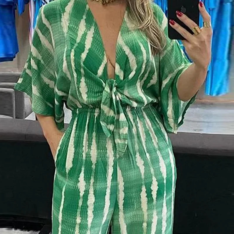 Elegant Women's Jumpsuits 2025 Summer Simple Casual  V-neck Lace Up Loose Lady Fashion Wide Leg Jumpsuit S-XXXL