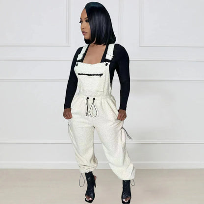 Lace Up Jumpsuit Women One Piece Jumpsuits Fur Rompers High Waist Spring Autumn Pants Mom Overalls Playsuits Elegant Pink
