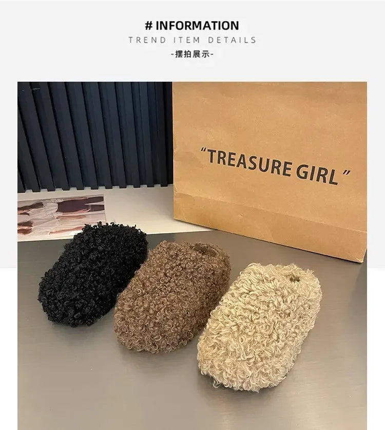 Thick Heel Luxury Lambwool Mules  Winter Shoes Woman Flip Flops Flat Cover Toe Slides Ins Warm Curly Lamb Fur Slippers Women