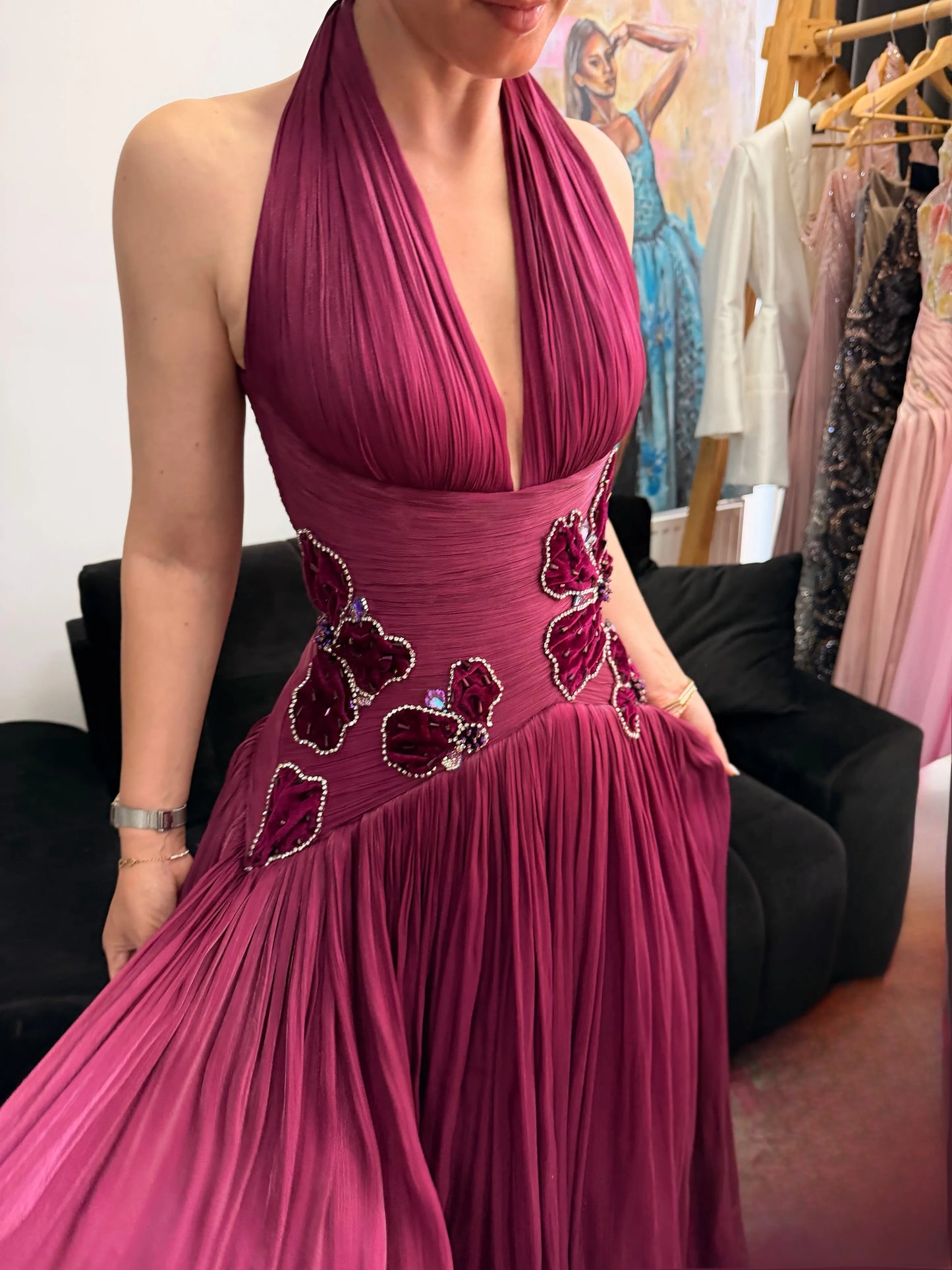 Aunber  Graceful A-Line Prom Dresses Halter Handmade Appliques Rhinestones Formal Bridal Party Occasion Gowns Customized