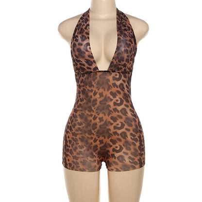 Sexy Women 2024 One-pieces Print Outfits Backless Jumpsuits Brown Bodycon Sleeveless Romper Playsuits Jumpsuits