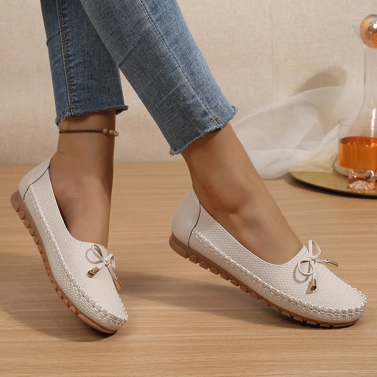 Goreyodoly Womens Casual Slip On Flats Woven Pattern Bow Breathable Lightweight Comfortable Daily Walking Shoes
