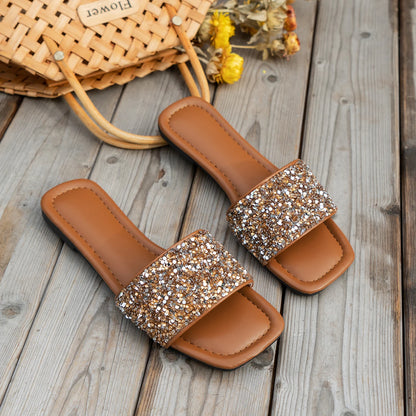Glitter Bling Women Slippers Summer New Flat Beach Slippers Women Outdoor Luxury Sandals Designer Plus Size Shoes Slides Women