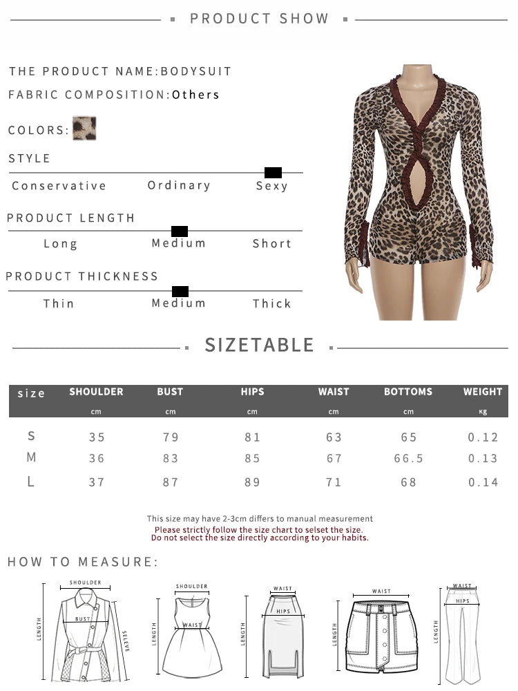 Weird Puss Leopard Print Romper Women See Through Sexy Hollow Deep v-Neck Ruffles Full Sleeve Clubwear Coquette Slim Playsuit