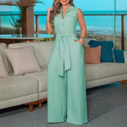 Elegant Shirt Collar Jumpsuit Sleeveless Solid Color Zipper Strap Wide Leg Jumpsuit Ladies Clothing One-piece Top Long Pants