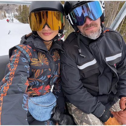 Women Ski Suit Bohemian Floral Print Hooded Zipper Jumpsuit Waterproof Windproof Adjustable Waist Snowboard Snowsuit Outdoor