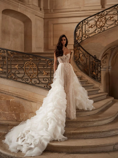 Ivory Illusion Wedding Dresses With Detachable Tail Romantic Sweetheart Dress For Bride Shiny Bridal Gown Vestido De Novia