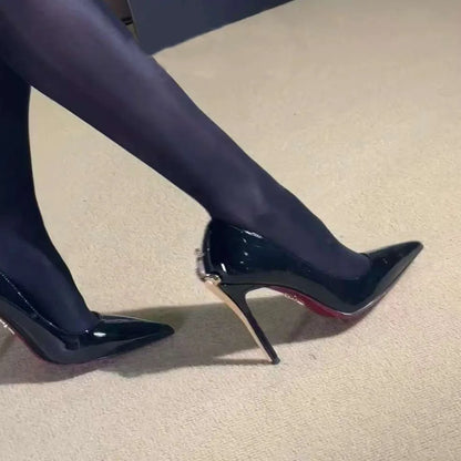 Early Spring New Women's High Heels, Slim Heels, Pointed Metal Sword, sexy Ladies, Black Patent Leather Single Shoes