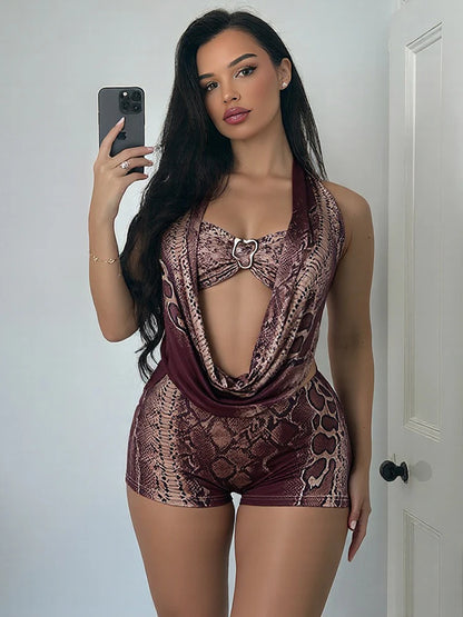 Sisterlinda Swinging Neck Backless Playsuits Sexy Stunning Pleated Backless Slim Rompers+Inside Wrapped Chest Tanks Party Wear