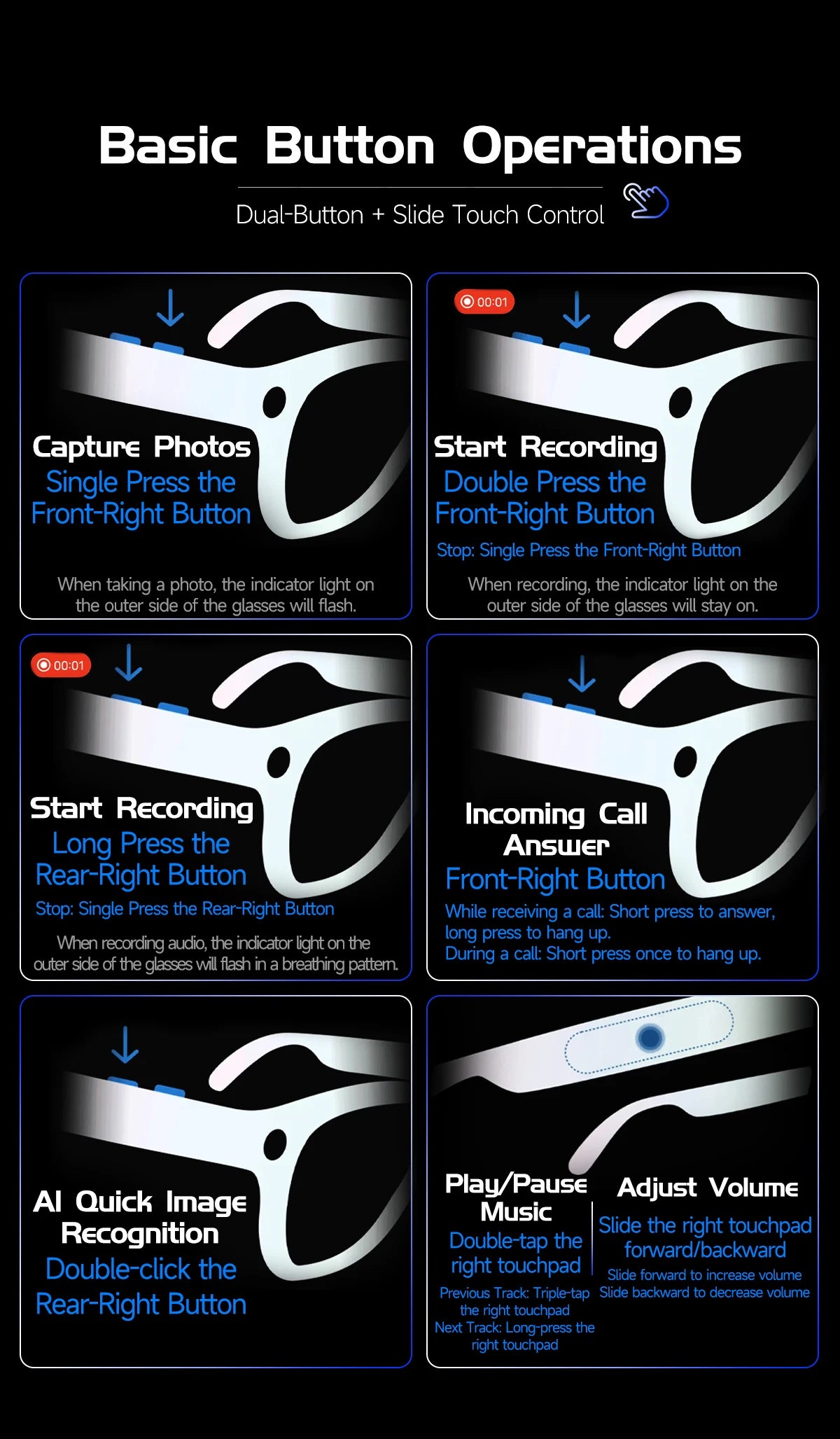 New AI Smart Glasses Various Language Translation 800W Pixel Camera Video Music Player Call Business 8K Color Change Glasses Men