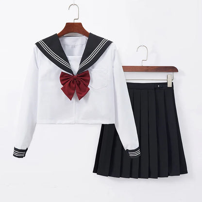 Japanese School Uniform Cute Girl Jk Suit Black Collar White Three-piece Suit Campus Sailor Suit Bow Long-sleeved Suit Uniform