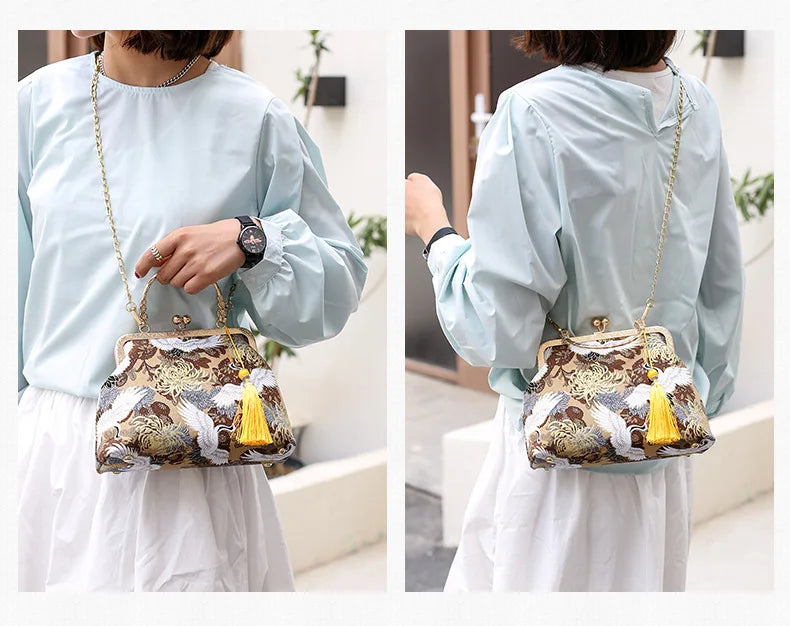 Fashion Vintage Fringe Bag Small Shell Bags Chain Women Shoulder Crossbody Bag Crane Flying Women's Handbags Purses Embroidery