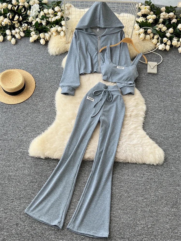 SINGREINY 2026 Autumn Sporty Suits Ladies Full Sleeves Hoodies+Sling Mini Camis+Drawstring Long Pants Casual Three Pieces Sets
