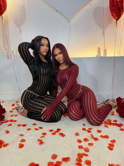 Y2K Sexy See Through Jumpsuit Woman Night Rave Club Party Striped Mesh Romper One Pieces Skinny Stretchy Bodycon Catsuit Clothes