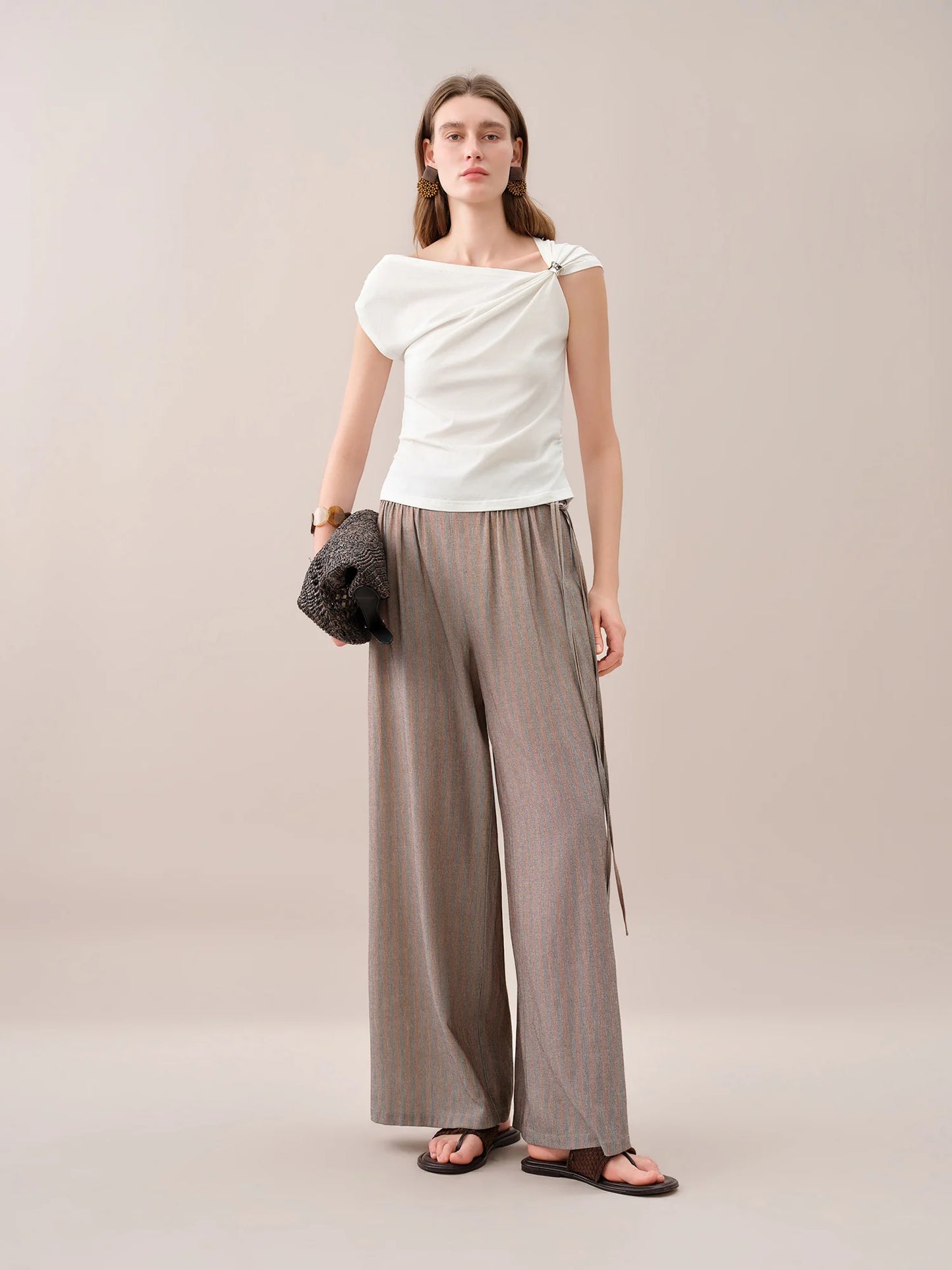 FSLE 【Premium Series】 Women's 2026 Summer New Asymmetrical Slant Neck Knit T-Shirt | Slim Fitted Stylish Top Cotton Contain Tops