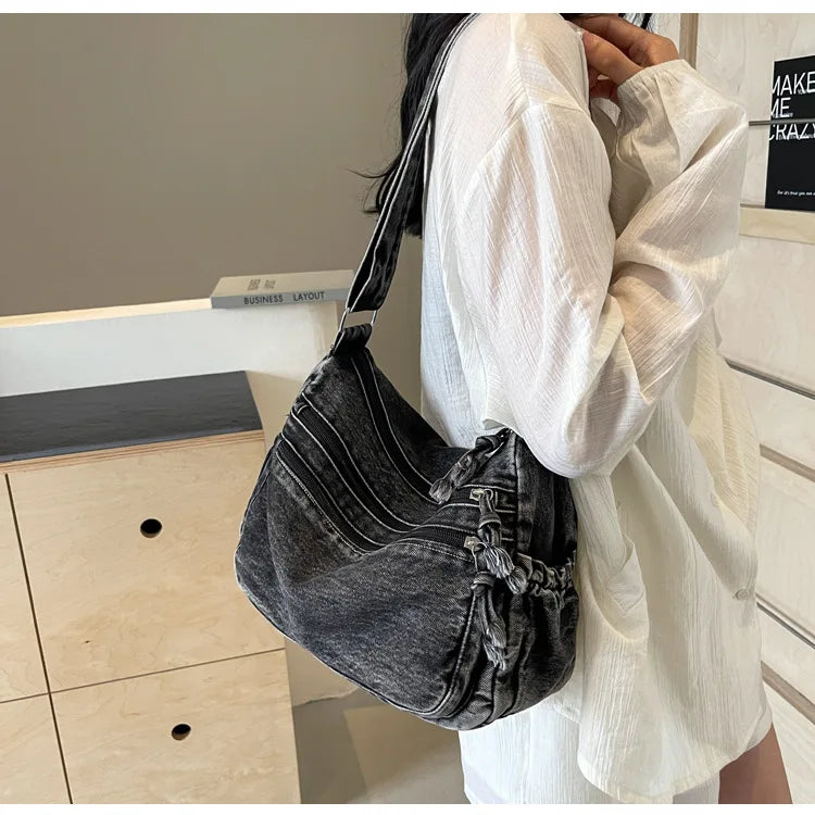 Vintage Denim Women's Shoulder Bag Large Capacity Messenger Bag Multi-pockets Satchel Bags Adjustable Strap Ladies Crossbody Bag