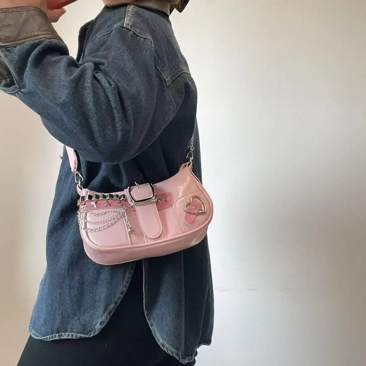Fashion Hot Girls Square Shoulder Bags Retro Rivet Star Women's Underarm Bag Sweet Pu Leather Female Chain Handbags Pink Purse