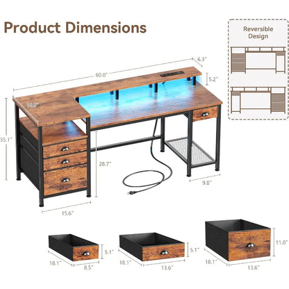 60" Computer Desk with 4 Drawers, Power Outlet, LED