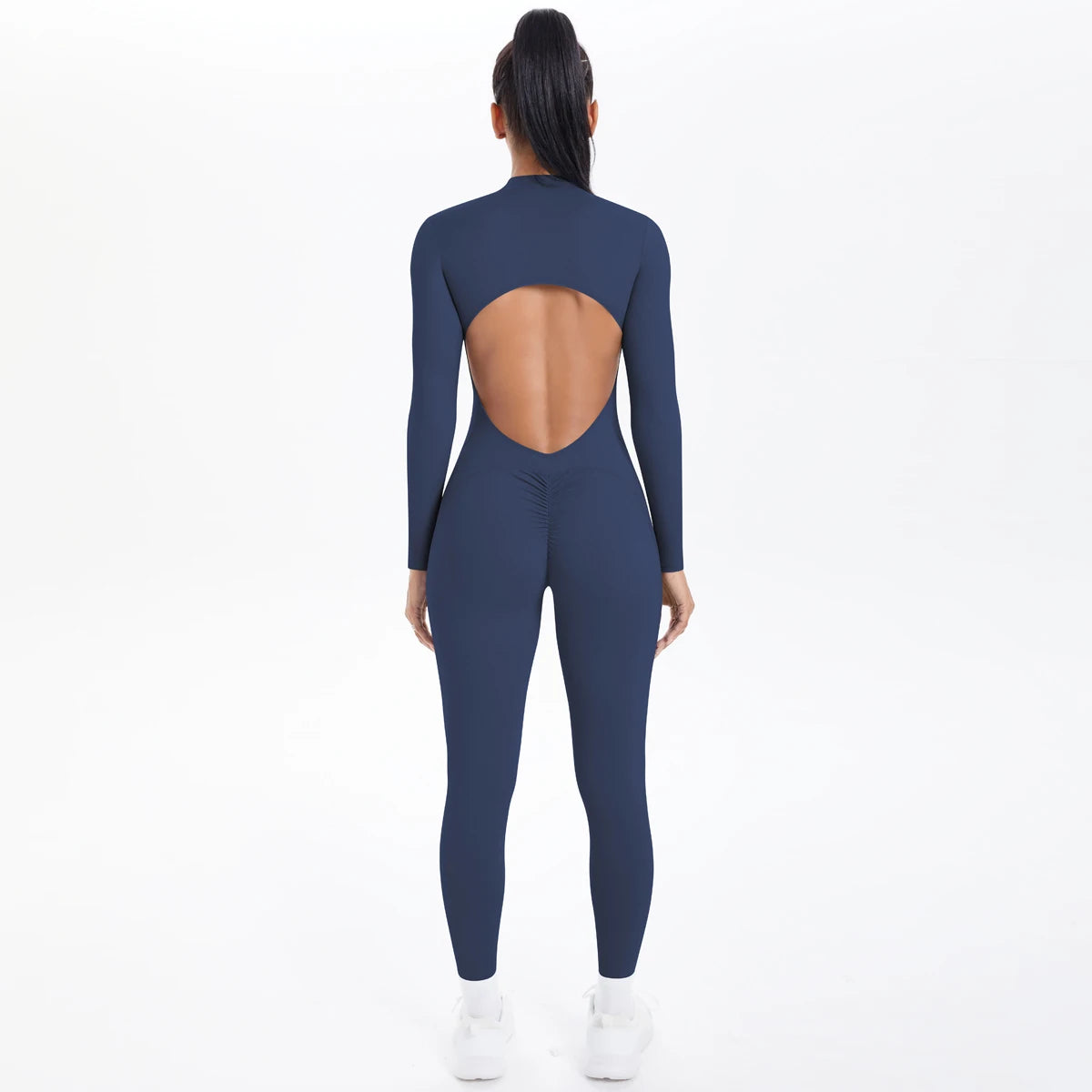 Solid Color Bodysuits for Woman's Backless Long Sleeved Zipper Yoga Jumpsuits High Dtrength Workout Sports Fitness Clothing Set