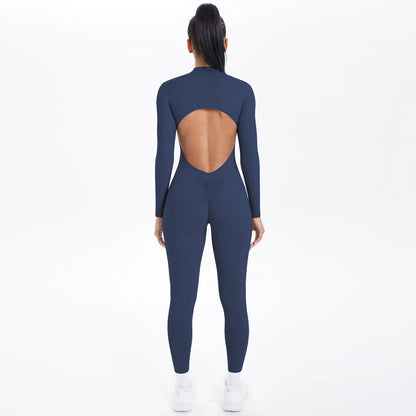 Solid Color Bodysuits for Woman's Backless Long Sleeved Zipper Yoga Jumpsuits High Dtrength Workout Sports Fitness Clothing Set