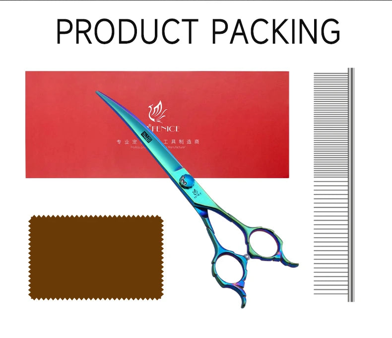 Fenice JP440C 7/7.5 Inch Professional Pet Dogs Grooming Scissors Kits Straight Curved Thinnier Chunker Shears Set For Dogs