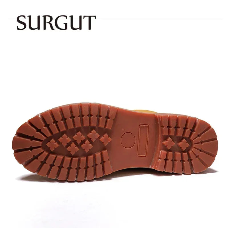 SURGUT Leather Men Boots Comfortable Autumn Winter Plush Keep Warm Shoes Fashion Trends Style Working Boots