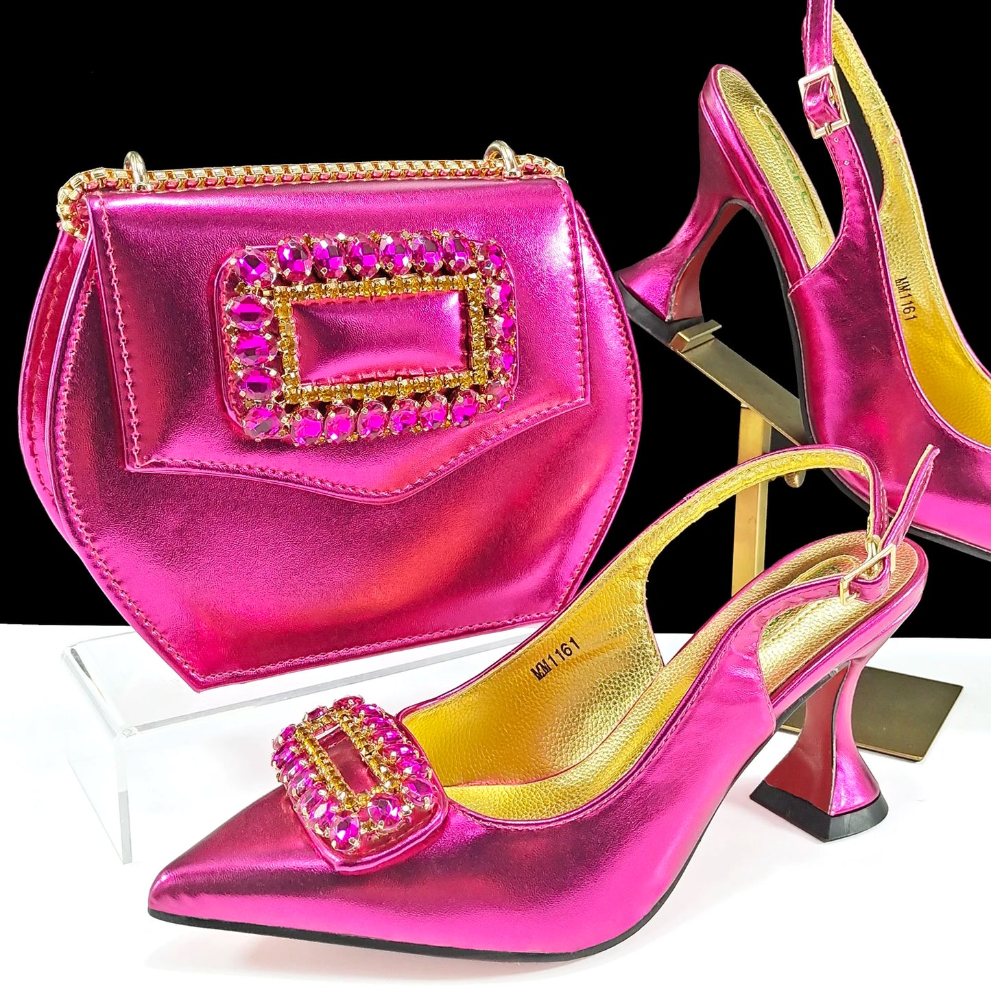 New Arrival Mature Style Purple Color Party Wedding Pointed Toe High Heel Women Shoes and Bag Set Decorated With Rhinestoe