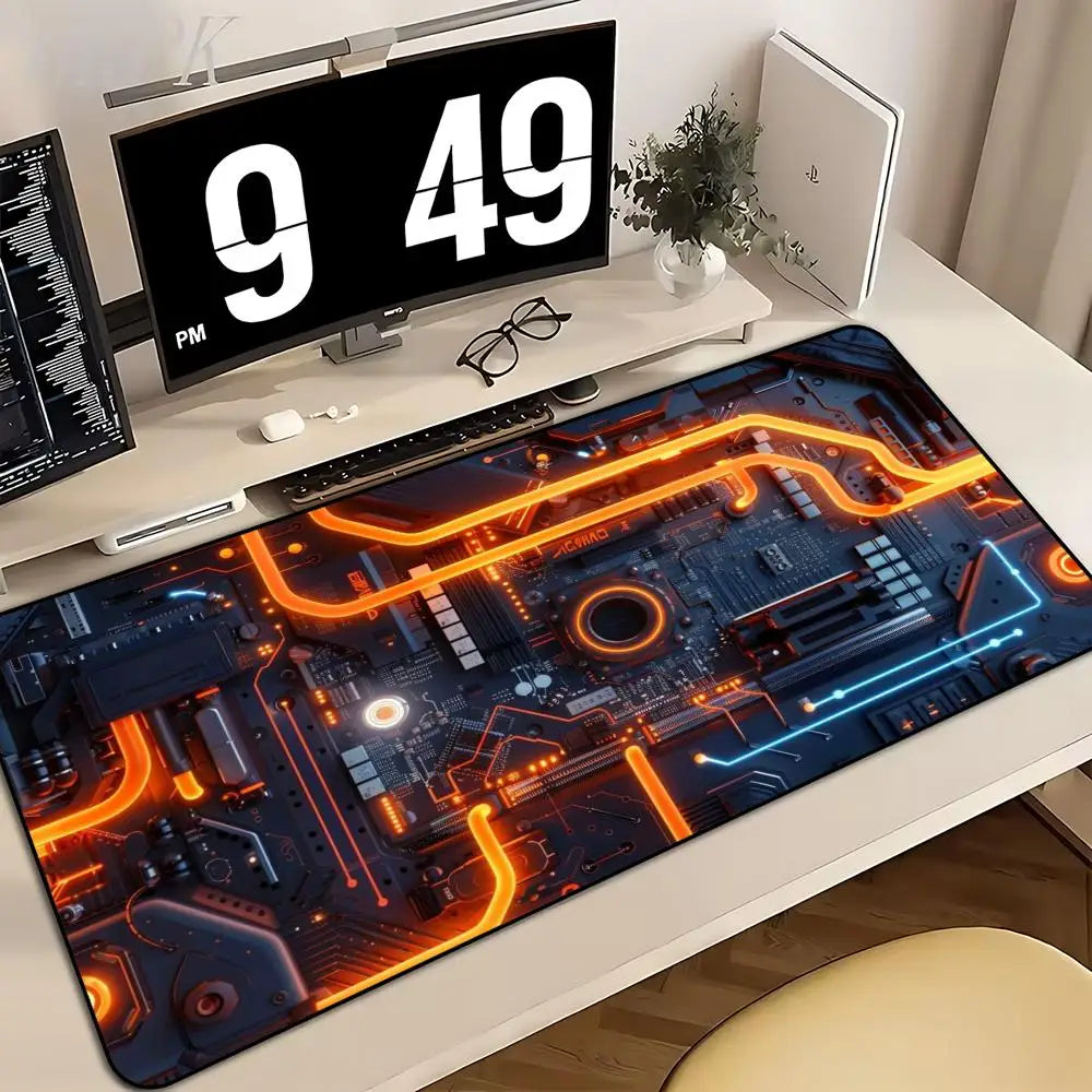 Large XXL Gaming Mouse Pad Desk Mat Keyboard Pad Orange Neon Circuit Board Cyberpunk Tech Pattern Print Laptop PC Gamer Office
