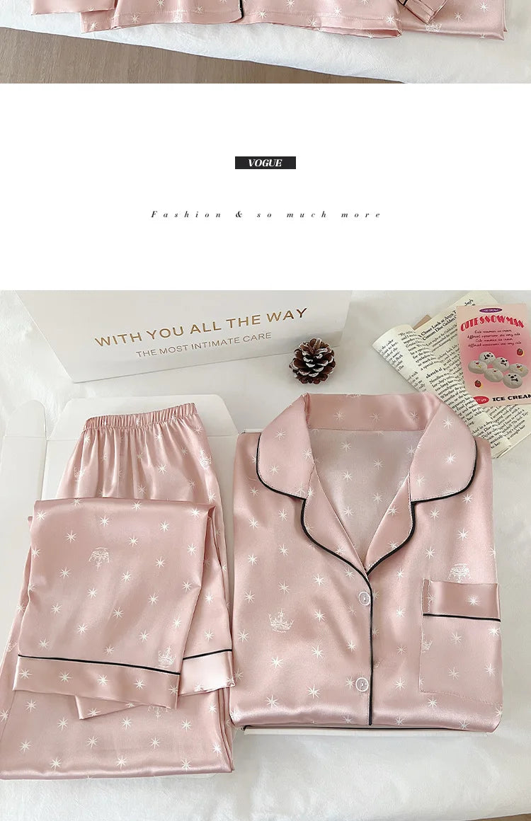 Japanese-Style Cute Girl Star Print Ice Silk Nightwear Women's Spring and Autumn Long-Sleeved Long Pants Homewear Actual Photo