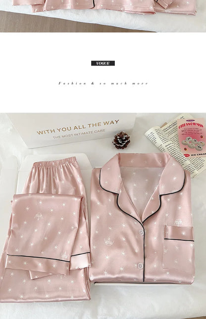 Japanese-Style Cute Girl Star Print Ice Silk Nightwear Women's Spring and Autumn Long-Sleeved Long Pants Homewear Actual Photo