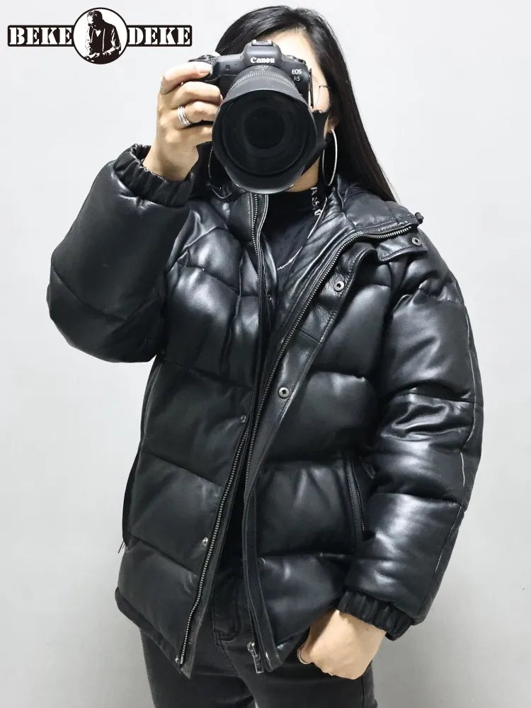 Women Winter Thick Warm Natural Sheepskin Down Jacket Casual Hooded Windproof Overcoat Loose Fit Genuine Leather Jacket Coats