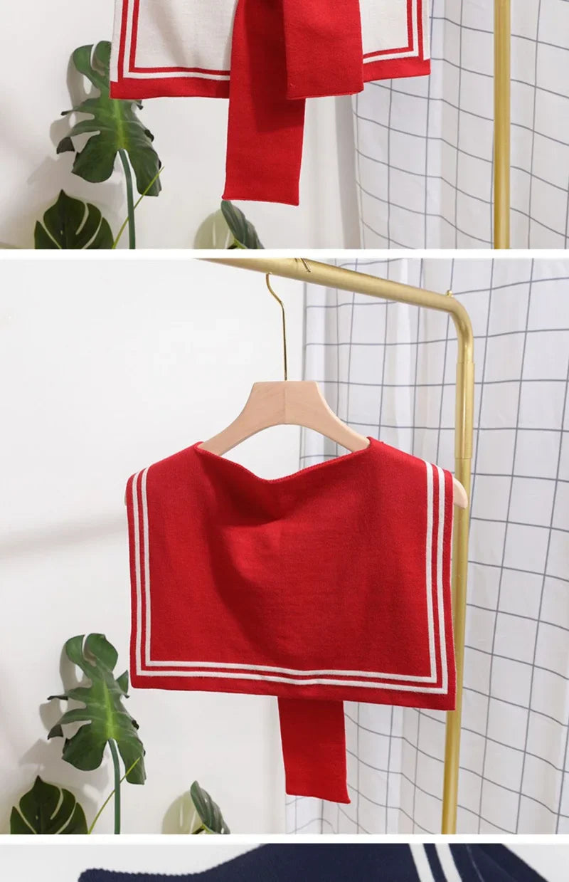 Korean College Navy Stripe Wool Knit Shoulder Cape Knotted Warm Overlapping Shawl Women Summer Neck Scarf T56