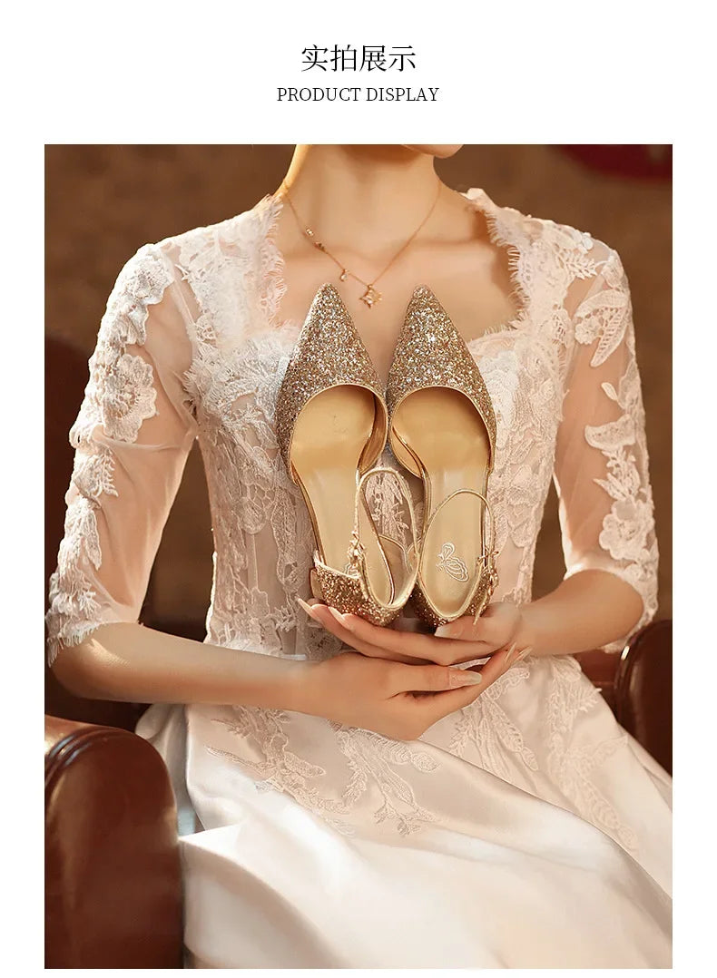 Luxury Silver Gold Sandals Women Summer Pointed Elegant Crystal High Heels Ladies Flip Flop Sequined Party Banquet Wedding Shoes