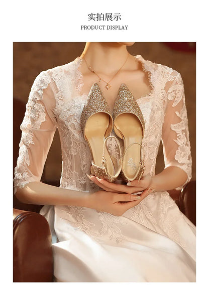 Luxury Silver Gold Sandals Women Summer Pointed Elegant Crystal High Heels Ladies Flip Flop Sequined Party Banquet Wedding Shoes