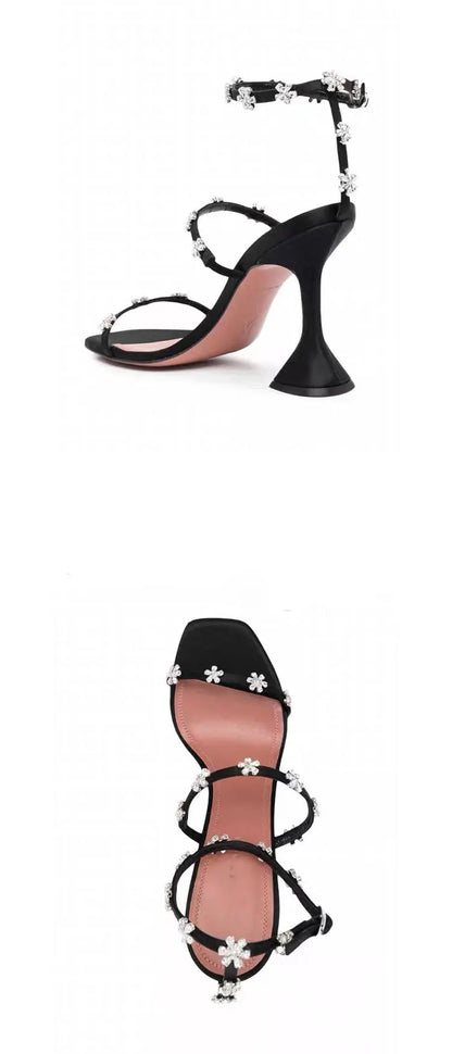 Luxury Crystal Flowers Women Sandals Fashion Ankle Strap Buckle High Heels Gladiator Sandals Elegant Summer Wedding Prom Shoes