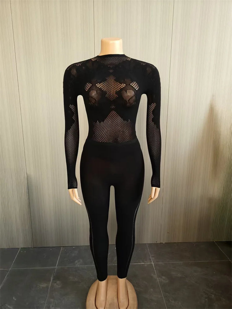 Doyerl Black Bodycon Rompers and Jumpsuits for Woman Long Sleeve See Through Mesh Patchwork Skinny One Piece Catsuit Overalls