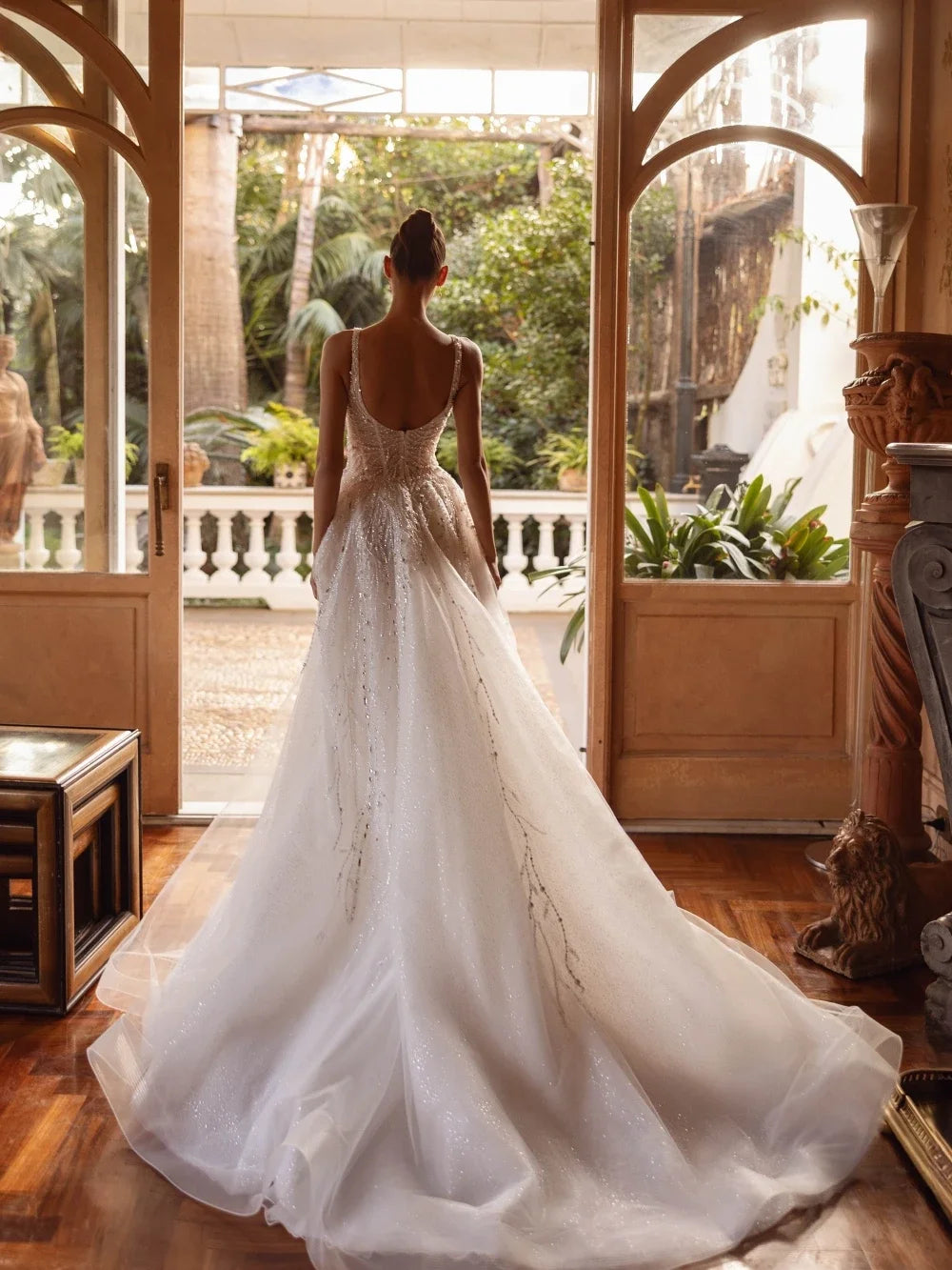 Flavinke Customized Shinin Beaded Pearls Wedding Dresses Sequined A-line Tulle Long Bridal Gown Dreamy Square Neck Dresses Bride