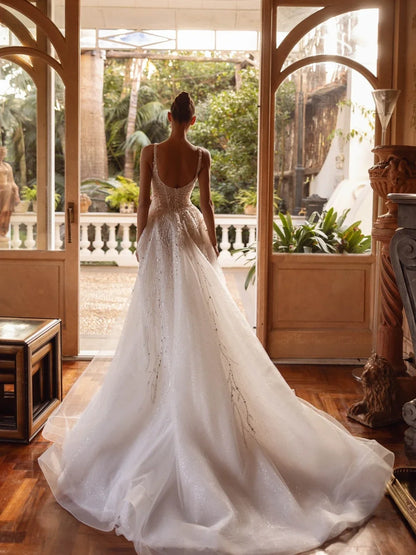 Flavinke Customized Shinin Beaded Pearls Wedding Dresses Sequined A-line Tulle Long Bridal Gown Dreamy Square Neck Dresses Bride