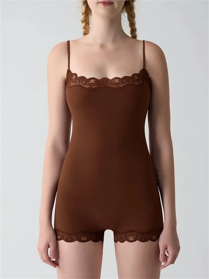 Absobe Lace Patchwork Cami Playsuit Women Sexy Backless Sleeveless Romper Solid Color Y2K Streetwear Casual Loungewear Outfit