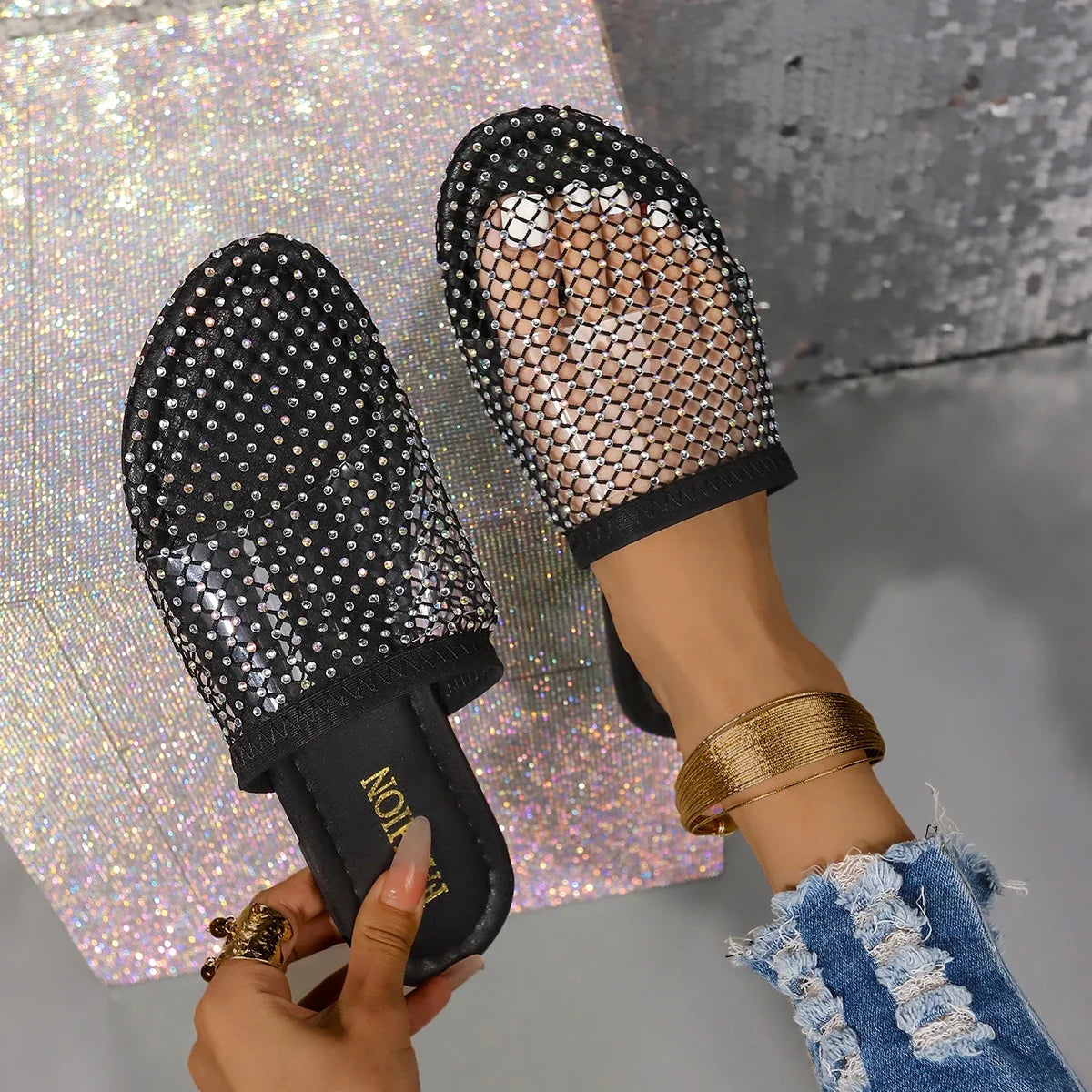 Women Slippers Summer Sexy Mesh Indoor Home Sandals Square Toe Female Flat Slippers Outdoor Clogs Beach Slippers Slides Women