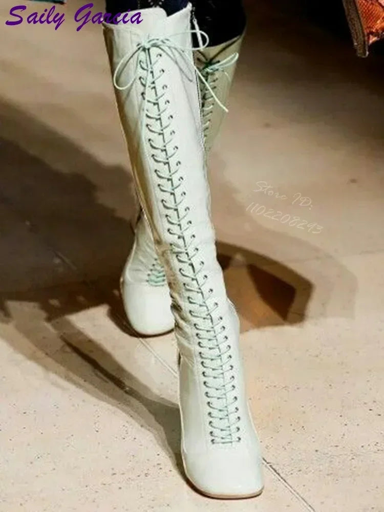 Emerald Green Patent Glitter Knee High Boots Retro Round Toe Lace Up Square Heel Modern Boots 2026 Runway Fashion Women Shoes