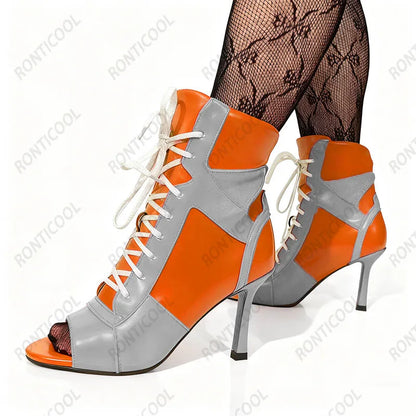 Ronticool Handmade Peep Toe Ankle Boots - Black and White Leather High Heel Shoes with Lace Up Design Size 36-43