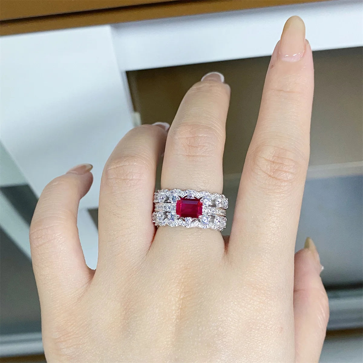 High-end women's 18K white gold and platinum PT950 lace ring women's ruby   red corundum emerald cut diamond ring