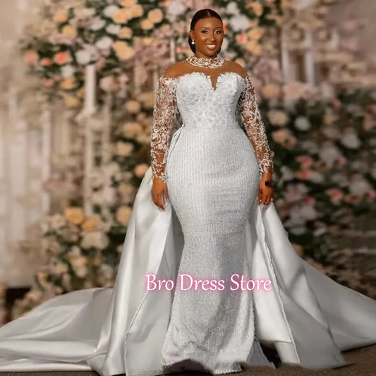 African Mermaid Wedding Dress For Bride Customized Beaded Lace High Neck Long Sleeves Bridal Gowns Detachable Train Customized