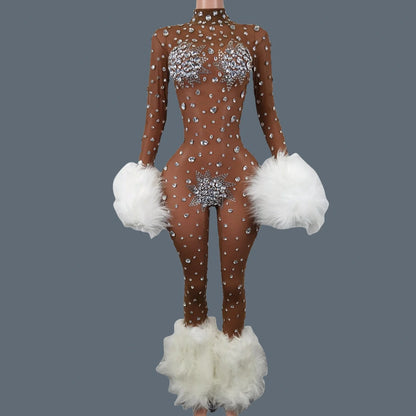 Shiny Crystals Pink Mesh Jumpsuit Sexy Feather Designe Birthday Jumpsuit Club Singer Event Performance Costume Stage Wear Guibin