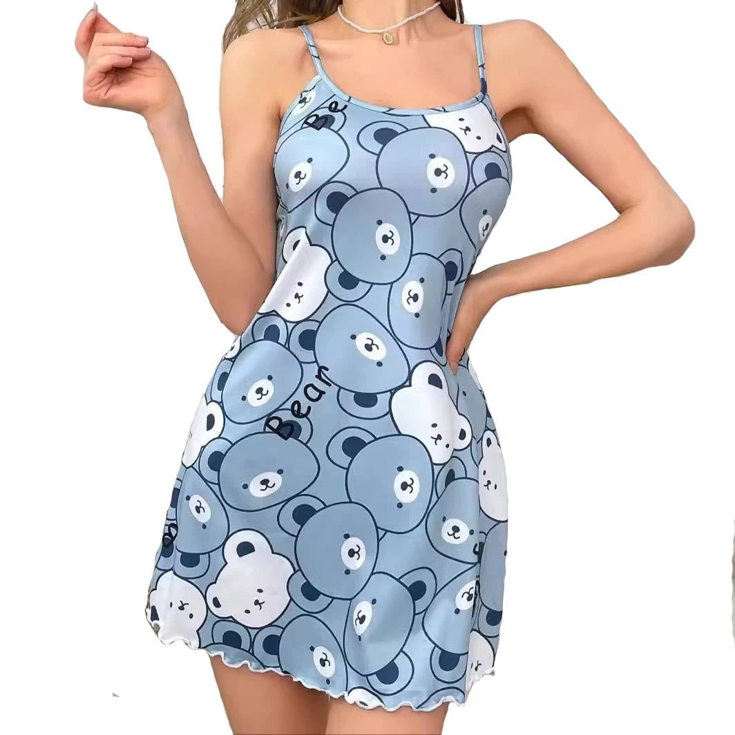 Summer Cute Blue Bear Printed Night Dress Women Sleepwear Nightgowns Nighties Comfortable Casual Sexy Nimi Dress Sleepshirts