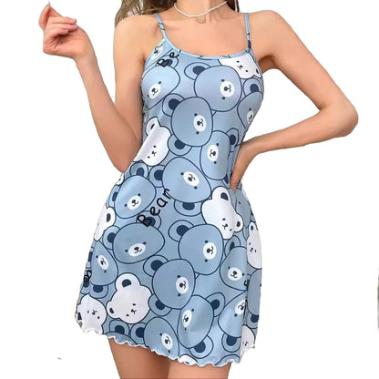 Summer Cute Blue Bear Printed Night Dress Women Sleepwear Nightgowns Nighties Comfortable Casual Sexy Nimi Dress Sleepshirts