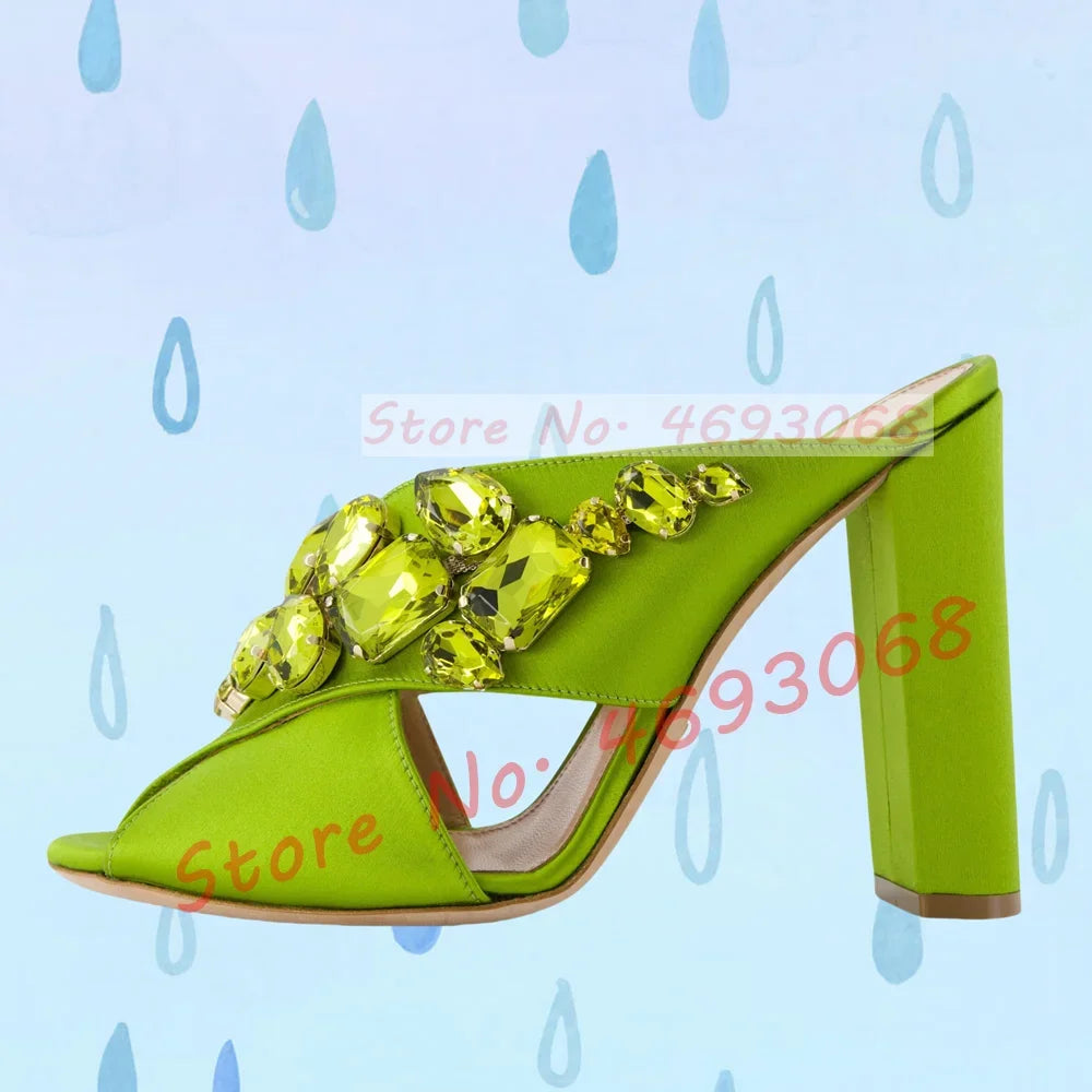 Gems Silk Chunky High Heels Slippers Women Luxury Cross Strap Rhinestone Mules Ladies Stylish Summer Bling Open Toe Party Shoes