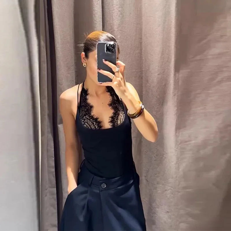 Women's Jumpsuit 2026 Spring New Solid Color Halter Neck Lace Splice Sexy Slim-Fit Romper Personalized Fashion